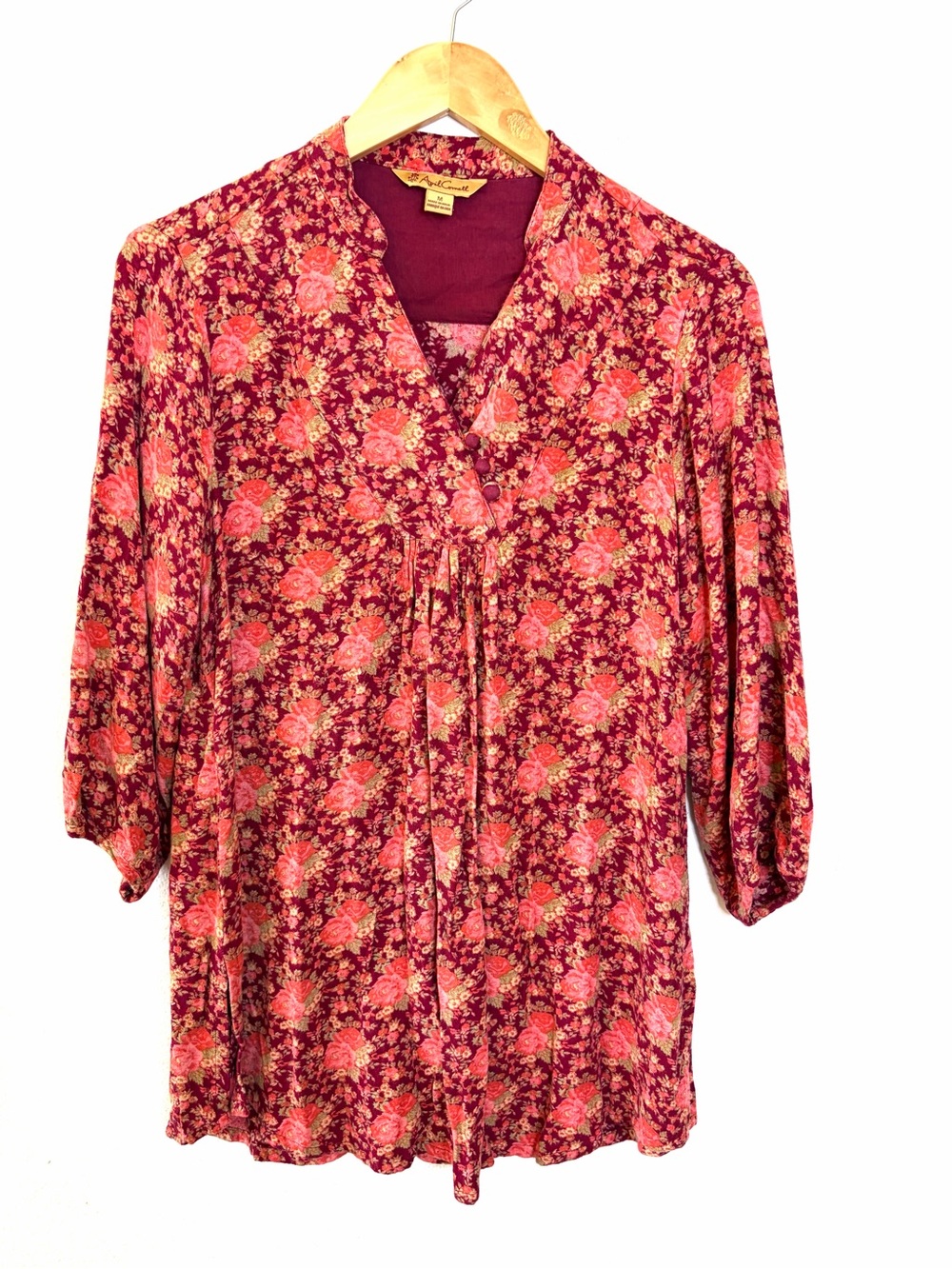 April Cornell Burgundy Floral Tunic length Blouse top v-neck 3/4 sleeve M